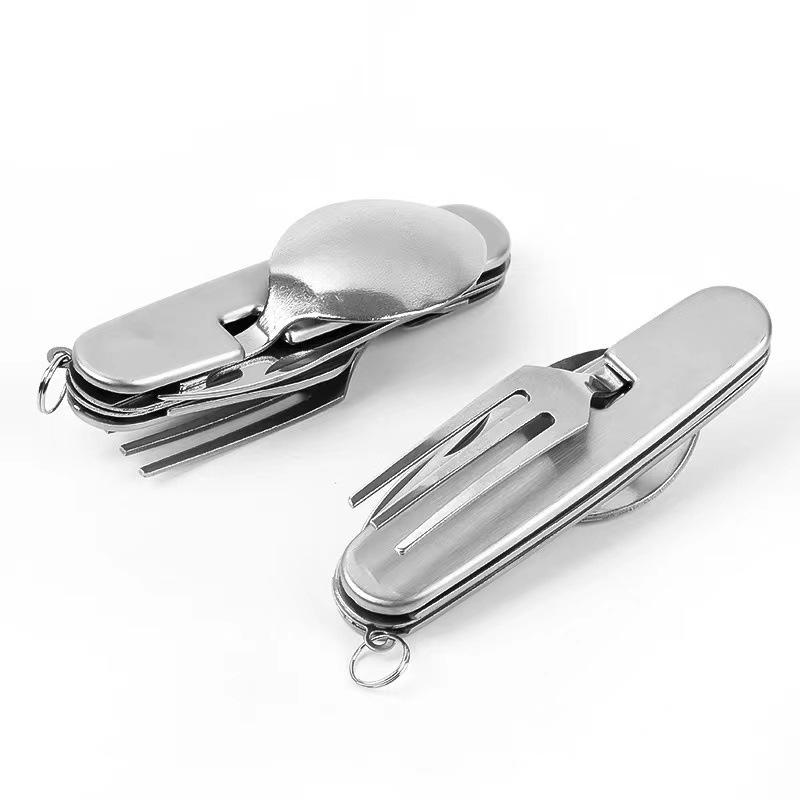 6-in-1 Portable Camping Cutlery Set Stainless Steel Folding Fork Spoon Knife Opener Tableware Hiking Travel Kitchen Utensils
