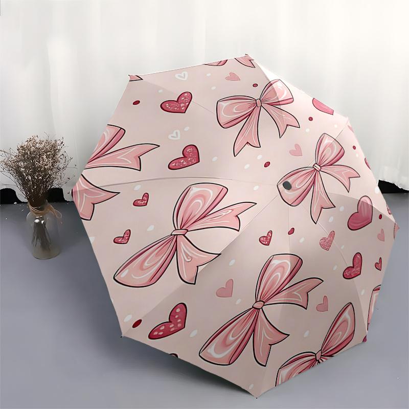 Pink Bow and Heart Patterned Automatic Opening Folding Umbrella with 8 Bone Iron Frame, Suitable for Fans, Travelers, Daily Use, and Festive