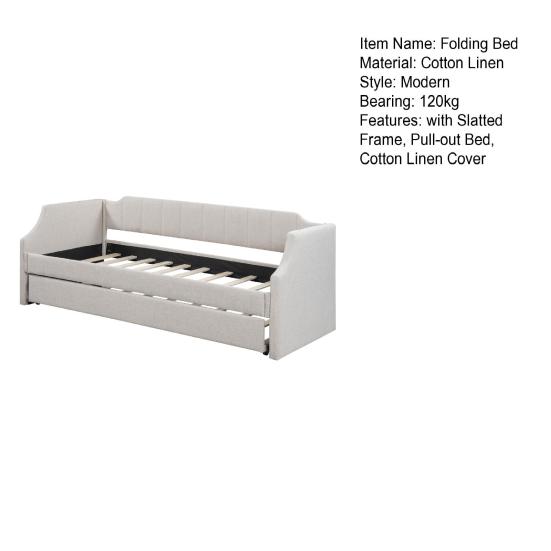 Sofa Bed 90x200cm Folding Cotton Linen Fabric Day with Pull-out Baby Cot Headboard Strong Wood Slat Support Home Furniture, Beige Guest