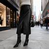 Autumn Winter Retro Skirt Faux Leather High Waist Skirt with Side Slits Solid Color Windproof Midi Skirt
