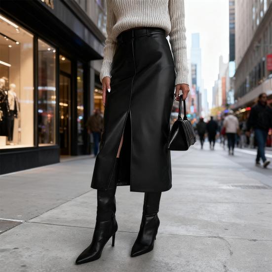 Осенне-зимняя ретро юбка из искусственной кожи, юбка с высокой талией и боковыми разрезами, однотонная ветрозащитная юбка миди
