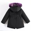 Winter Girls Jacket Fur Collar Lining with Velvet Hooded Thick Coat for Kids Children Children's Outerwear  Big Size Teen-agers
