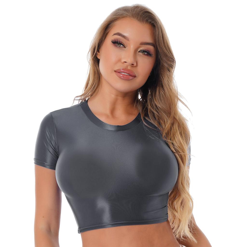Women’s Sexy Metallic Crop Top Short Sleeves Tank Top Bustier for Dance Club Rave