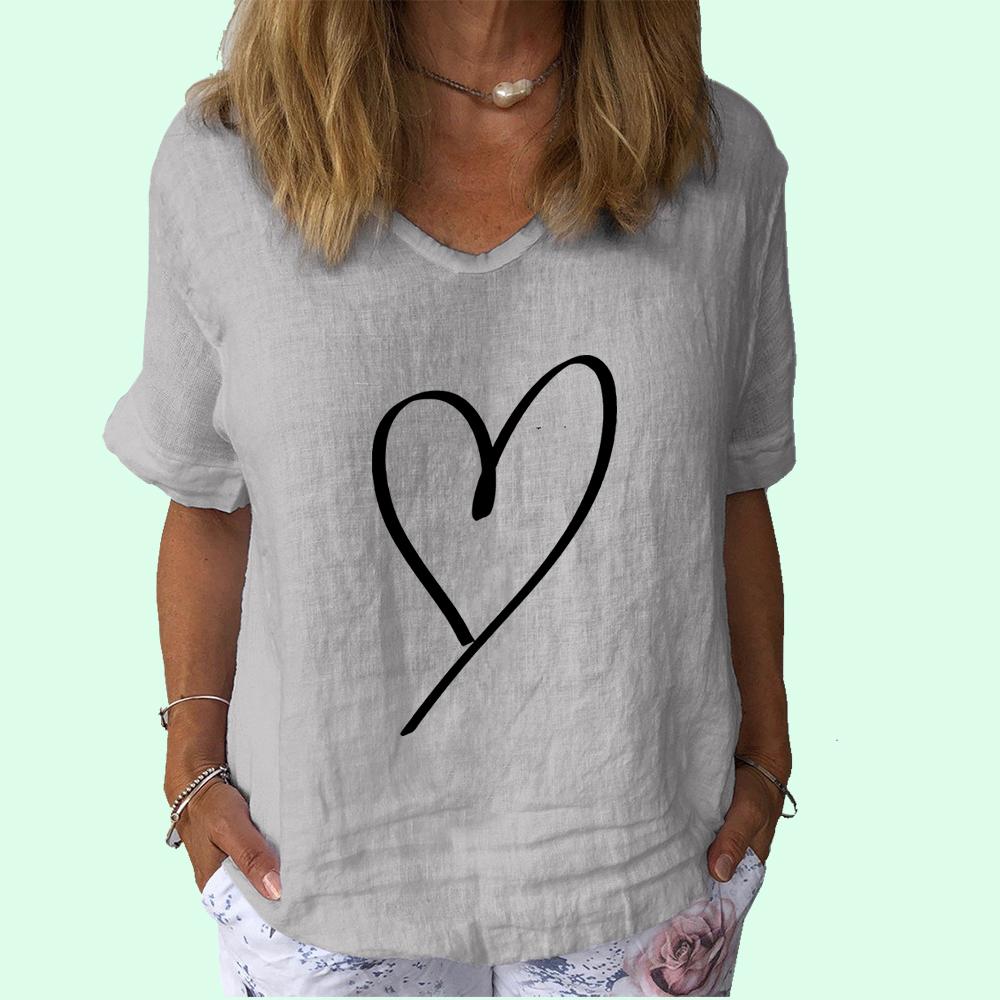 Женская мода хлопковый льняной топ летняя футболка с V-образным вырезом и коротким рукавом женская повседневная футболка с принтом