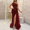 Women Evening Dress One Shoulder Sleeveless Shiny Sequin Padded Feather Decor High