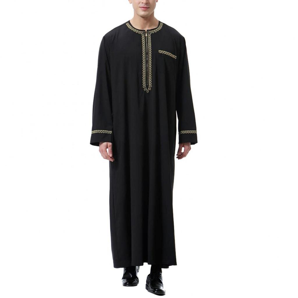 Men's Muslim Shirt Print Kaftan Islamic Royalty Dubai Robe O-Neck Long Sleeve Retro Tunics Abaya Loose Kandoura