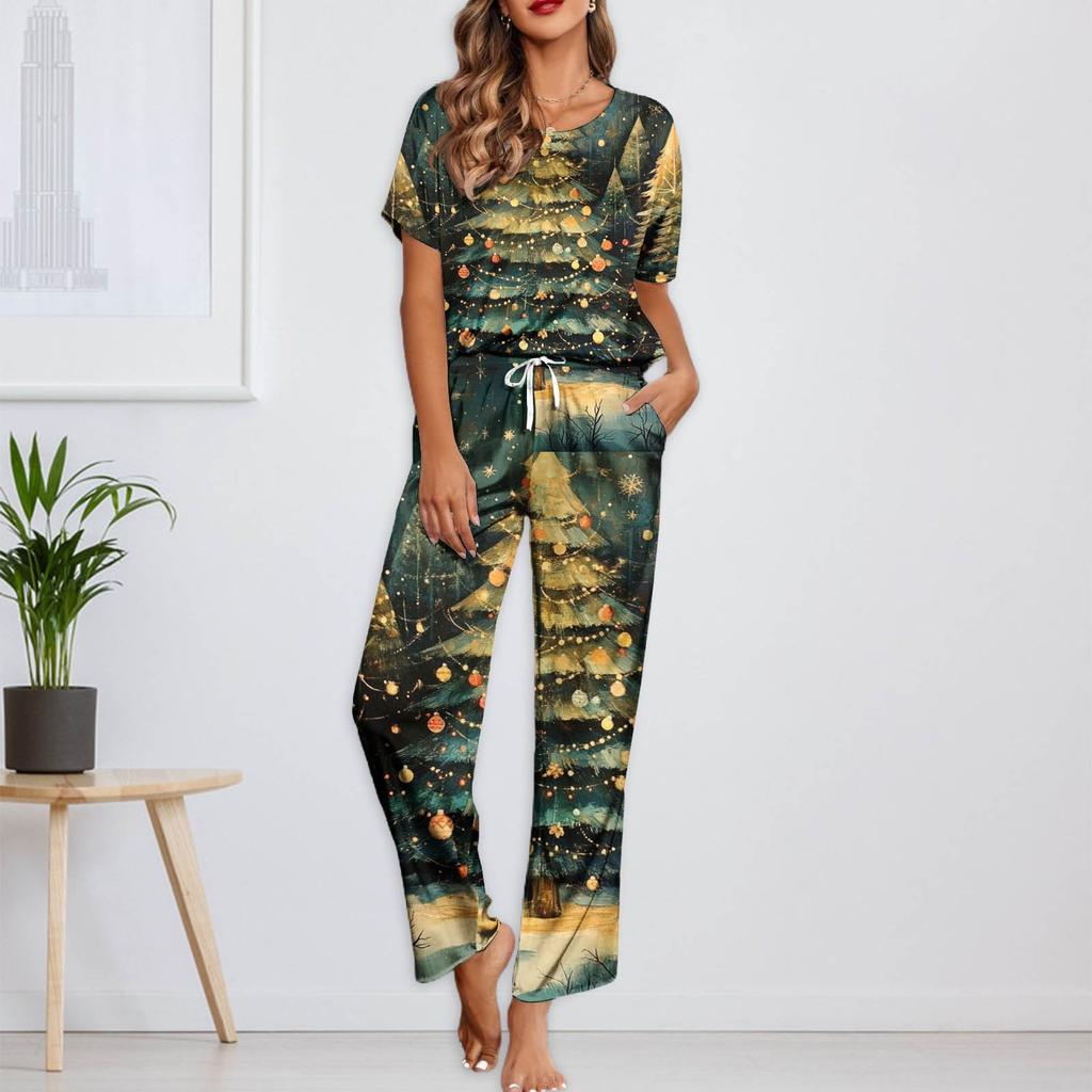 Женский шелковый атласный пижамный комплект с рождественским принтом, рубашка с коротким рукавом и длинные пижамные штаны, мягкая домашняя одежда