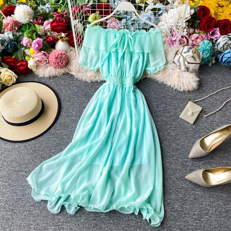 Платье для летних каникул Супер Фея Сладкие плиссированные длинные шифоновые женские платья с воротником с открытыми плечами в западном стиле