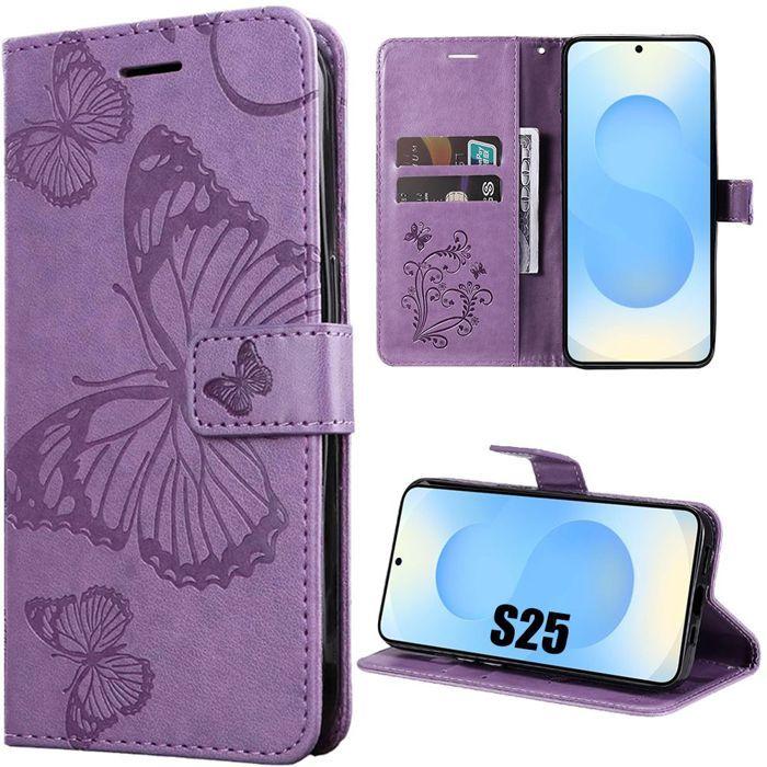 Coque de protection - BOOLING - pour Samsung Galaxy S25 - Effet Cuir - Motif Papillon - Violet