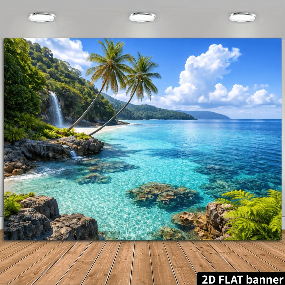 2D planar tropical island beach landscape banner background. Tropical seaside theme, featuring tilted coconut trees.