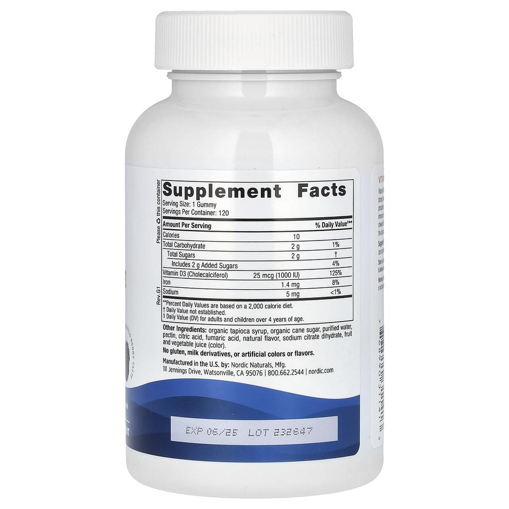 Nordic Naturals, Vitamin D3 gummies, Great Wild Berry, 1,000IU (25mcg), 120 gummies
