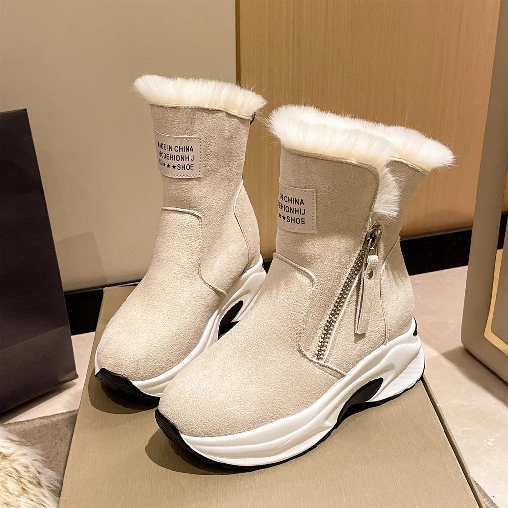 Fashion Women Ankle Boots Warm Plus Fleece Thick Sole Winter Women Snow Boots Fashion Side Zipper Wedge Outdoor Sneakers Botas Mujer