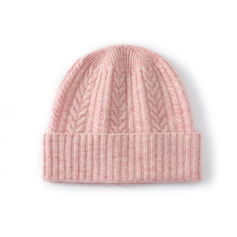 Pure wool autumn and winter new women's high-end solid color wheat ear twisted flower outdoor fashion flanged casual knitted hat
