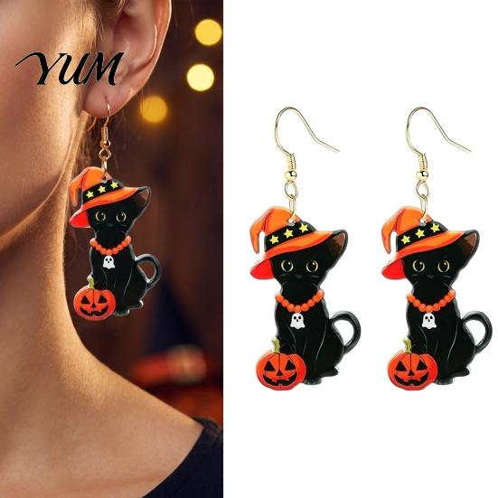 Halloween Earrings for Women 1 Pair Black Cat Acrylic Women, Cute Lightweight Decor with Wizard Hat And Pumpkin Dangle Jewelry Party Costume Creative