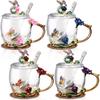 4 Sets Flower Tea Cups with Lids Butterfly Vintage Glass Coffee Mugs with Spoon Fancy Clear Teacup