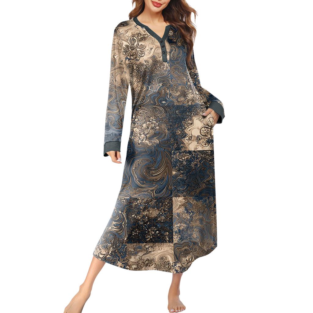 Женская ночная сорочка длинная домашняя одежда с V-образным вырезом и карманами