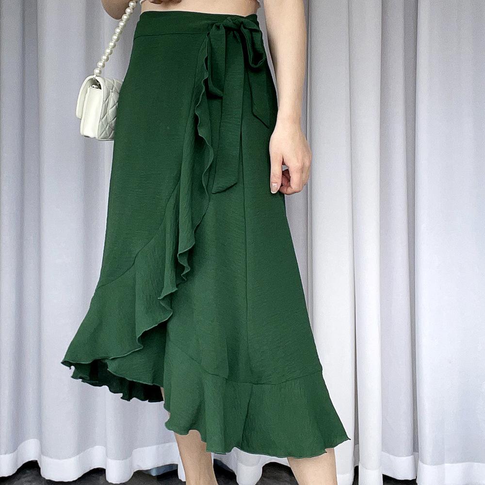 Summer One Piece Lace-Up Long Irregular Solid Color Halter Skirt