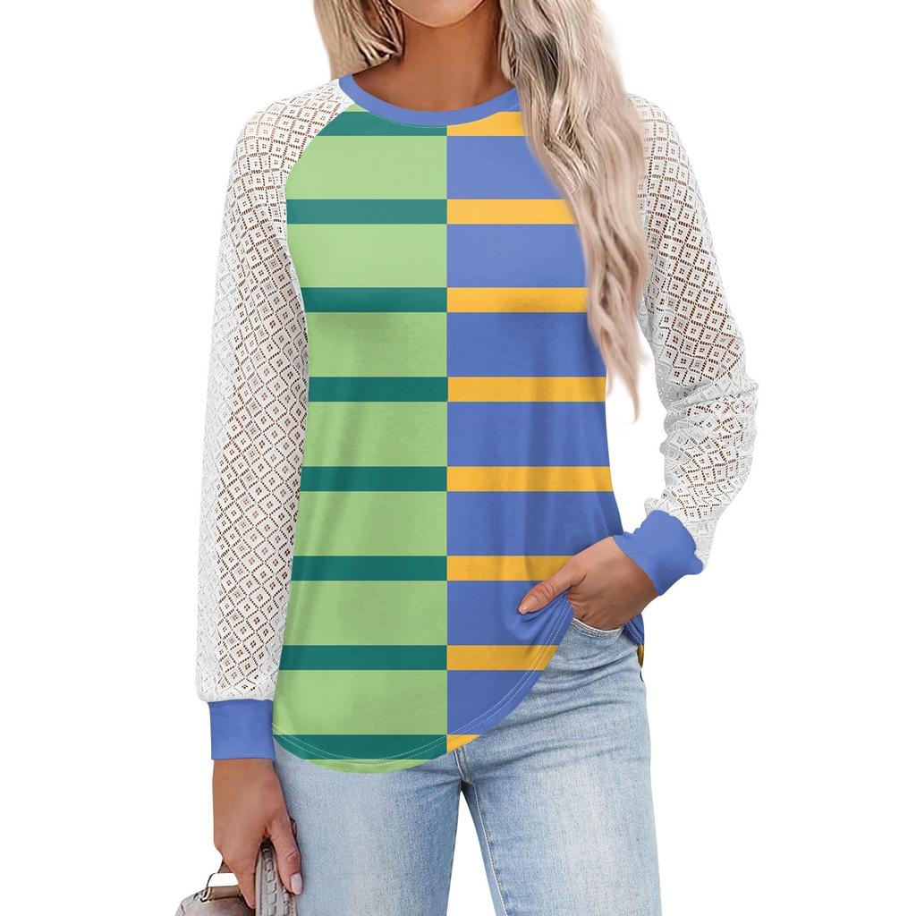 Женские футболки с длинным рукавом, топы с круглым вырезом и кружевом, повседневные блузки, модные топы