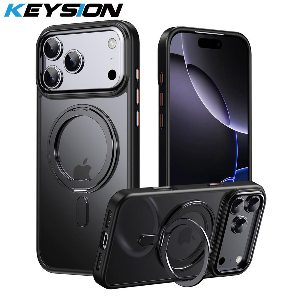 KEYSION Противоударный прозрачный матовый чехол для MagSafe для iPhone 17 Pro Max 360° магнитная кольцевая подставка беспроводная зарядка задняя крышка телефона