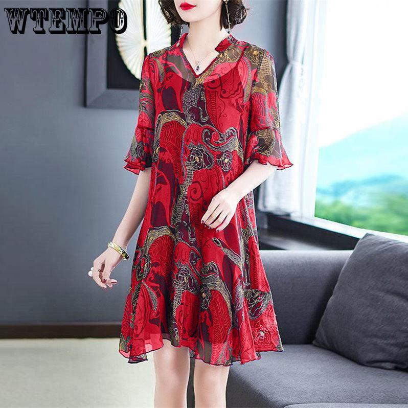 Женское летнее шифоновое платье в стиле ретро, ​​свободные шелковые платья средней длины с принтом