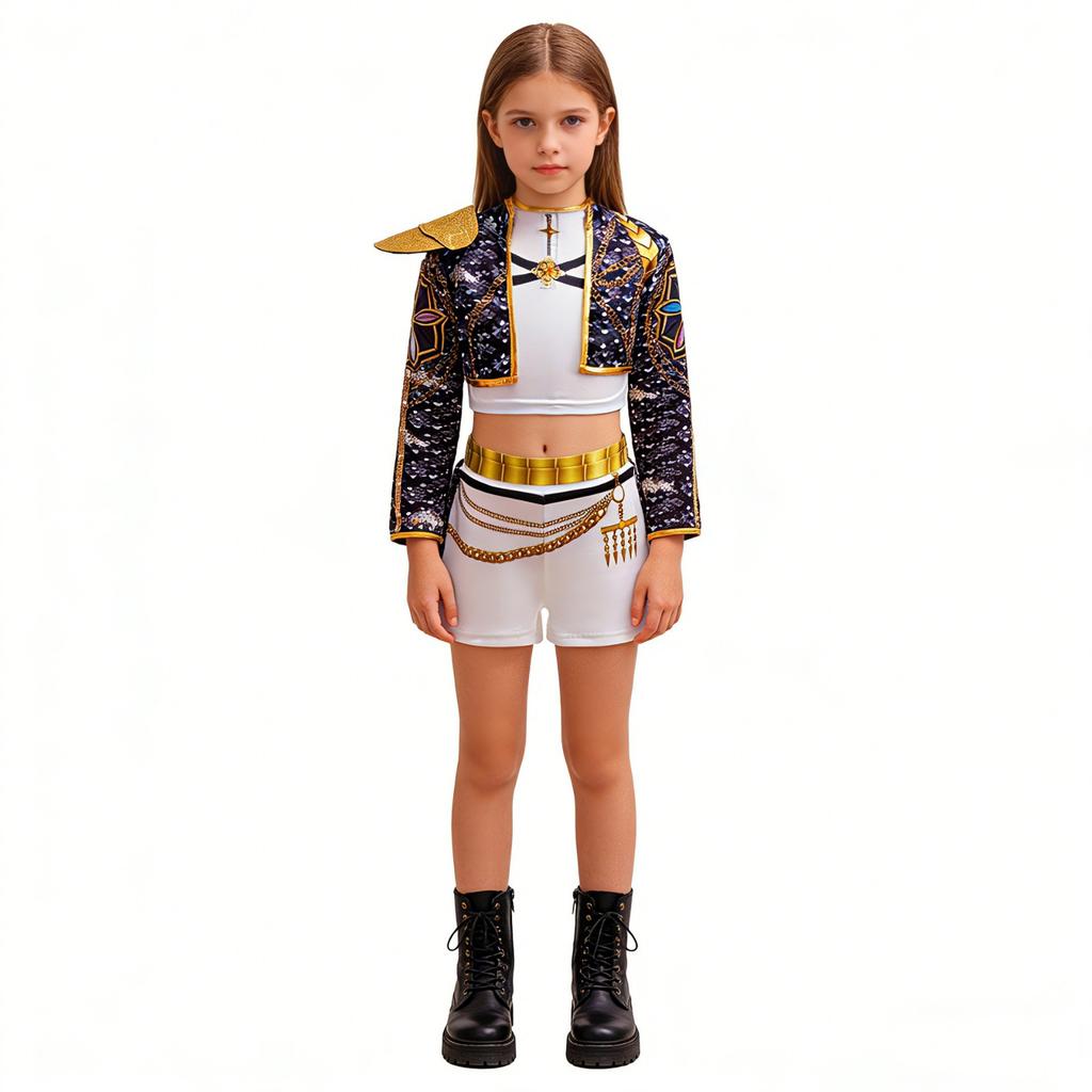 Children's Two Piece Cosplay Outfit Set Jacket and Shorts with Decorative Chains and Shoulder Armor for Performance and Role Play