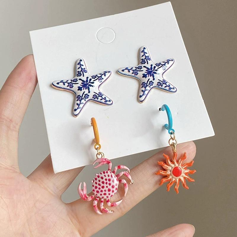 4Pcs Exaggerated Crab Sunflower Starfish Earrings for Women Fashion Summer Beach Vacation Style Unique Earring Female Jewelry