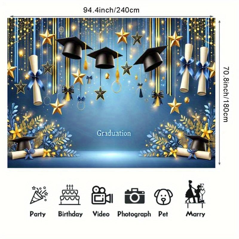 Graduation Background Banner - Golden Stars Bachelor's Hat and Flower Design with Deep Blue and Gold accentszjm