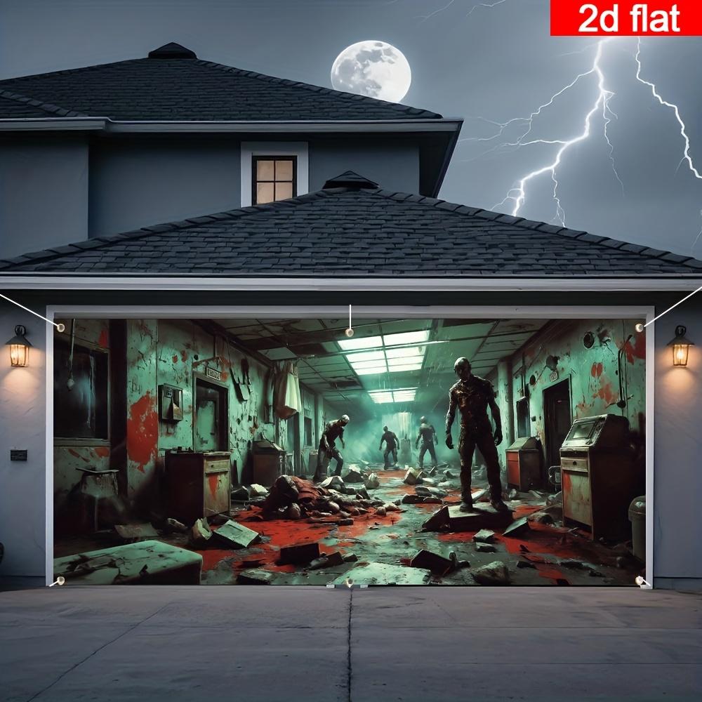 2D door decoration banner, 1-piece zombie hospital horror banner, suitable for Halloween - scary garage door cover and d