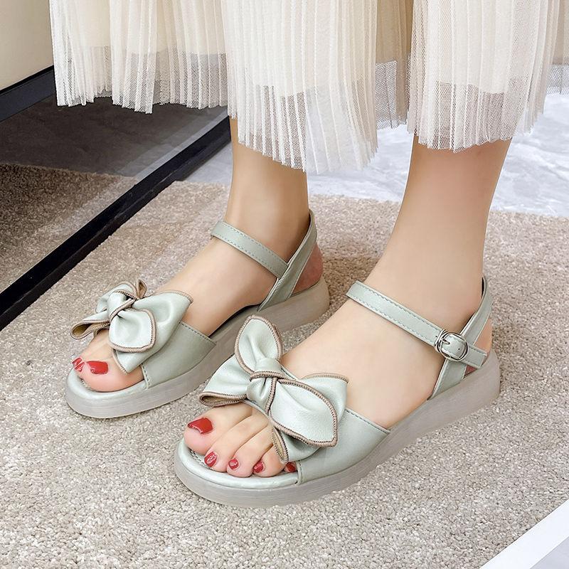 Women's Shoes Buckles Footwear Green Sandals for Woman with Medium Heels Summer 2024 Platform Bow Beach Designer Sandal Daily H