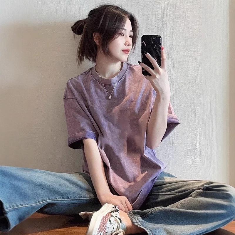 Women's Short Sleeve Tee O Neck Hip Hop Style Printed Top Vintage Washed Cotton Casual T-Shirt