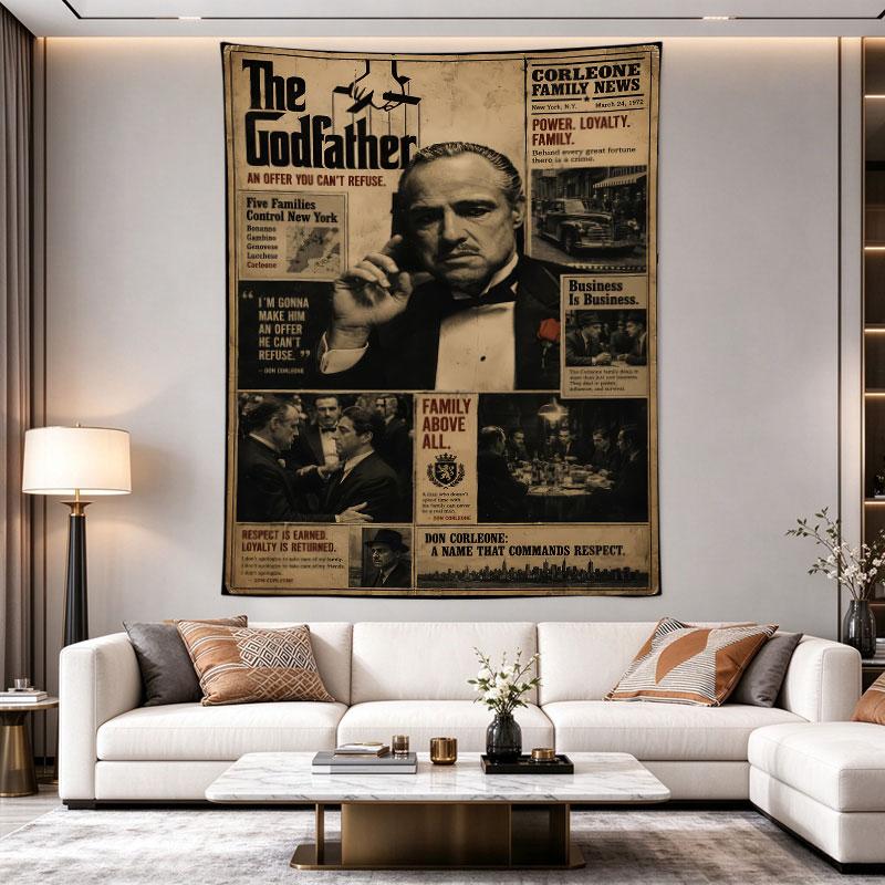 The Godfather newspaper-collage poster of Brando in a tuxedo with clipping headlines, sepia vintage crime-family print, Room Decor Accent
