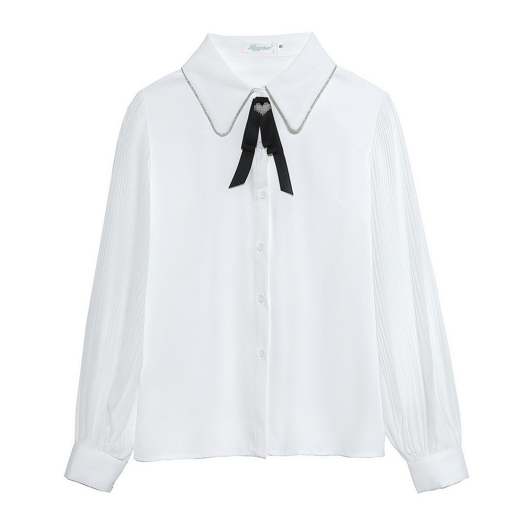 Мода 2024 Осень Длинный рукав Лук Отложной воротник Офисная женская Белая шифоновая блузка рубашка Женские топы Блузки Рубашки J506