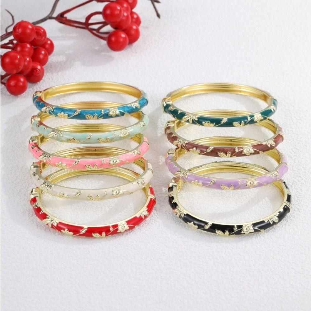 Leaf Floral Pattern Enamel Bangle Bracelet Colorful Drip Cloisonne Bracelet Beach Vacation