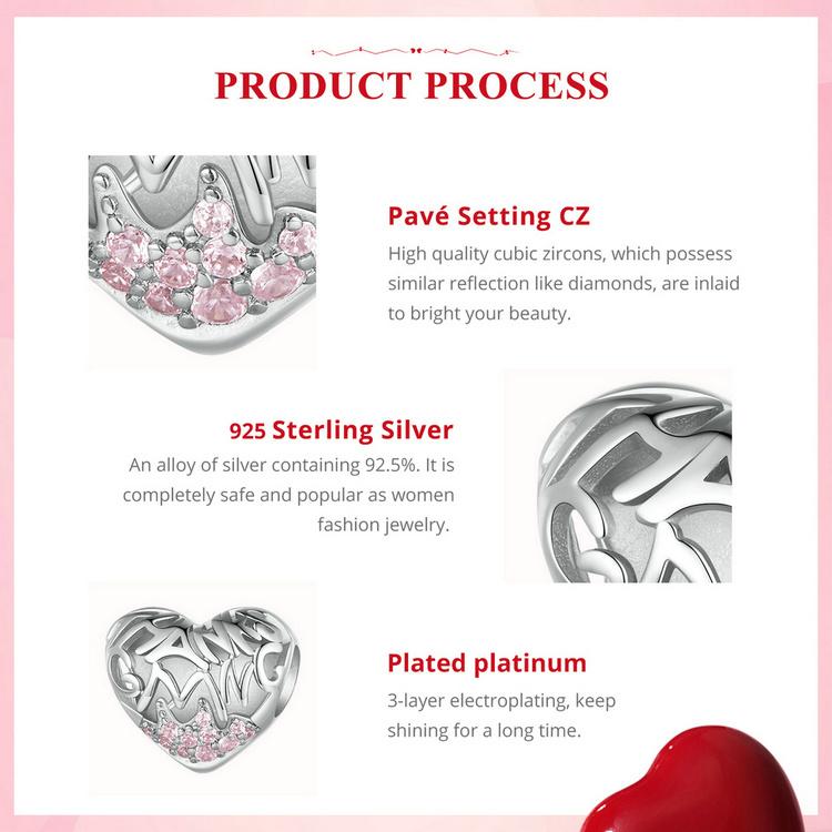 BAMOER стерлингового серебра 925 пробы розовое сердце бусины бабочка подвеска для женщин браслет и ожерелье DIY подарок на День благодарения ювелирные изделия