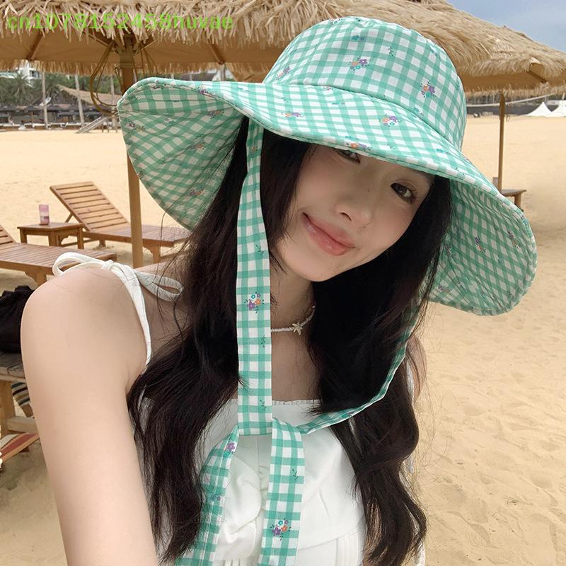 Уникальная летняя уличная панама; Двусторонний плед с широкой шнуровкой по краю; Контрастные Сладкие Цвета для Женщин