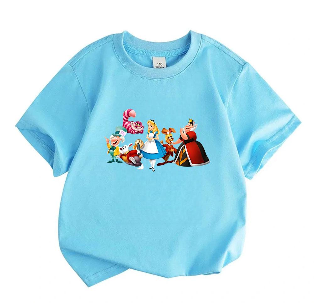 Alice in Wonderland Cartoon Character Print Kids T Shirt, 100% Cotton Unisex Boys Girls Casual Short Sleeve O-Neck Tees for Children Toddler Everyday