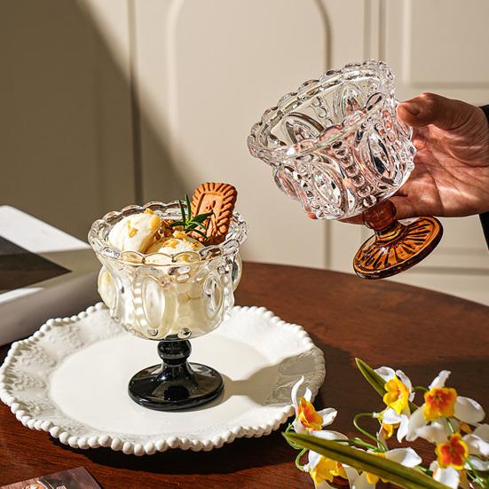 yangyizhi Vintage Glass Dessert Cup, Embossed Ice Cream Bowl, Thickened Footed Sundae Bowls for Cream, Yogurt, Parfait, Trifle, Fruit, Party Serving
