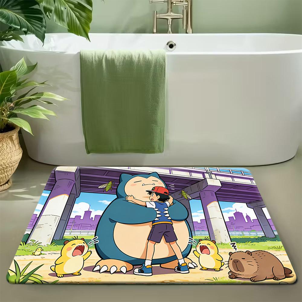 Cute Snorlax Lying On Grass With Red Balloon Soft Non-Slip Absorbent Home Indoor Bedroom Entryway Bathroom Doormat Floor Rug