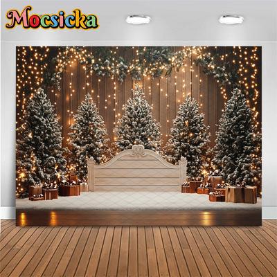 Mocsicka Рождественская елка Фон для фотосъемки Зима Белый Снежный Дворец Кровать Фотофон В помещении Деревянная настенная лампа Декор Баннер