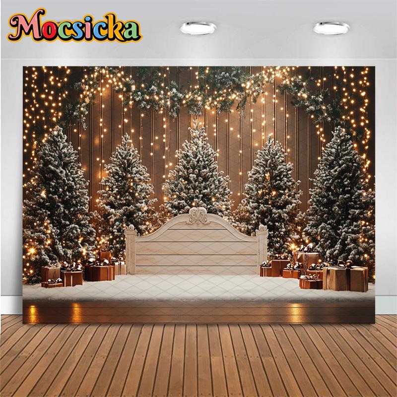 Mocsicka Рождественская елка Фон для фотосъемки Зима Белый Снежный Дворец Кровать Фотофон В помещении Деревянная настенная лампа Декор Баннер