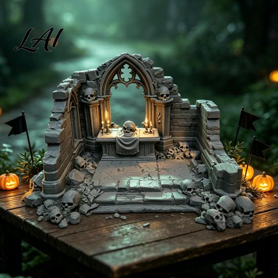 Miniature Puppet Scene Setting Gothic Ruin Skull Altar Table Ornaments 3D Printed Broken Chapel Castle Ruins Diorama Props Halloween Spooky Desktop