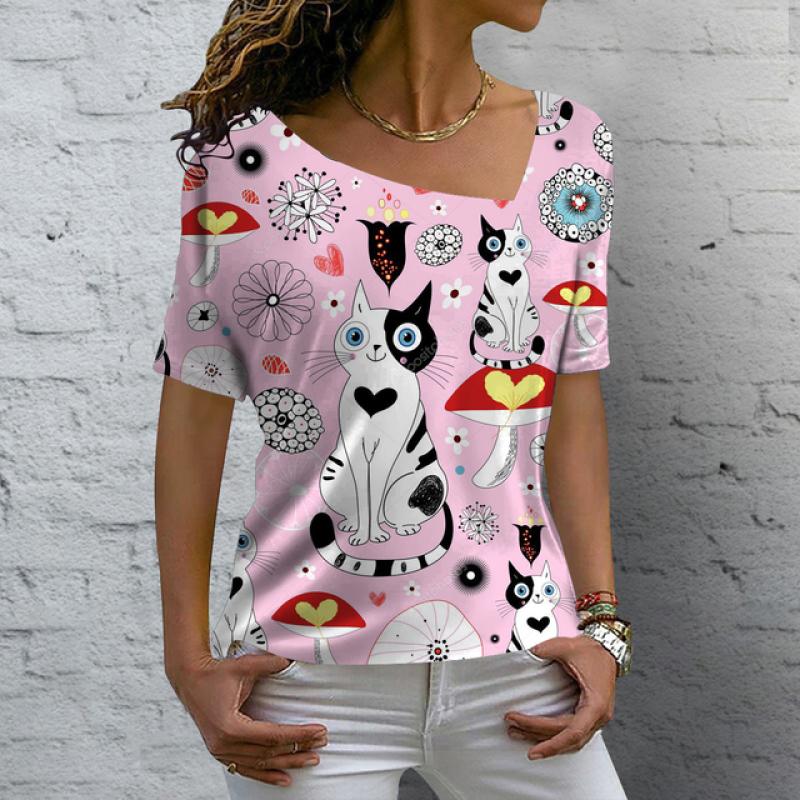 Женские футболки с v-образным вырезом, топы с короткими рукавами и принтом милых котов, летние модные повседневные футболки Kawaii, уличная женская одежда