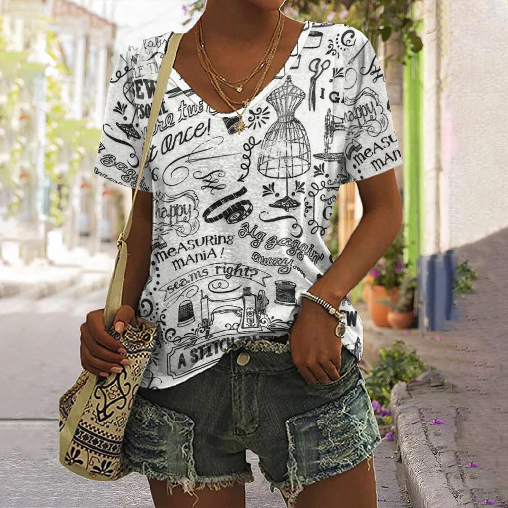 Винтажные черно-белые женские футболки с буквенным принтом, женский топ с v-образным вырезом, рубашка больших размеров, летняя женская одежда, повседневная одежда