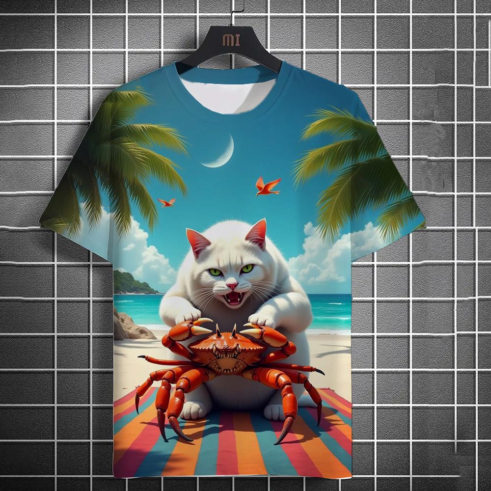 Мужская футболка с принтом кота оранжевого цвета, 3D-печать, пляжная, с принтом кота, ловящего рыбу, футболка с коротким рукавом, повседневная, с круглым вырезом, топы
