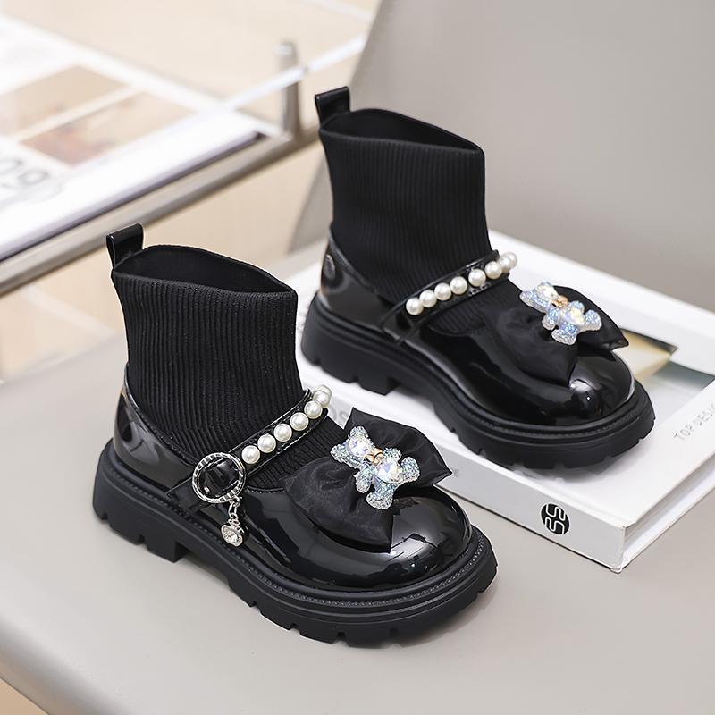 Детская обувь, ботинки для девочек, зимние ботильоны принцессы, универсальные, милые, с бантом, детские модные, повседневные, носки, ботинки с толстой подошвой