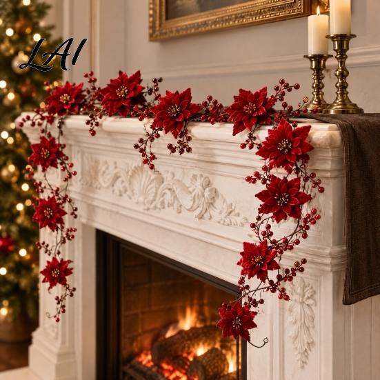Artificial Red Berry Vine Christmas Poinsettia Garland 100cm for Flexible Decorative Rattan Front Door Wall Hanging Decoration Festive Holiday Home