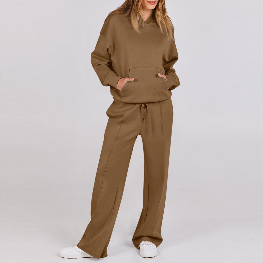 Women's Casual Solid Color Long-sleeved Hoodie Straight Pant Suit
