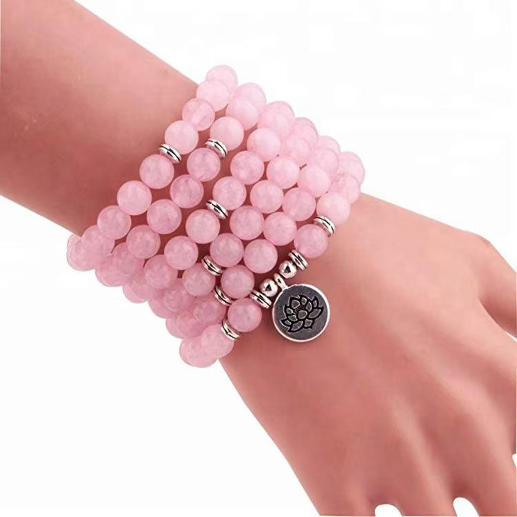 Натуральный браслет из розового кварца с подвеской Лотос Ом для женщин - Буддийские украшения для йоги