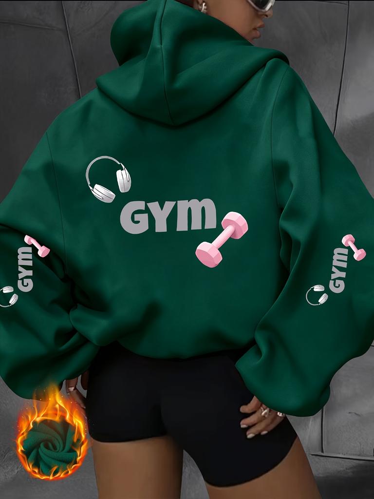 Fitness style GYM alphabet earphones dumbbells back sleeves same print hooded sweater loose shoulder women