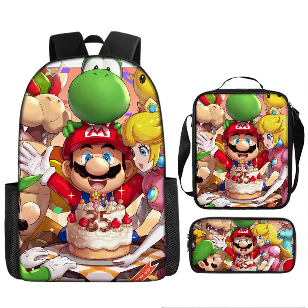 Large Capacity Backpack Set Super Mario Graphic Kids Backpack School Bag 3-Piece Set for Children